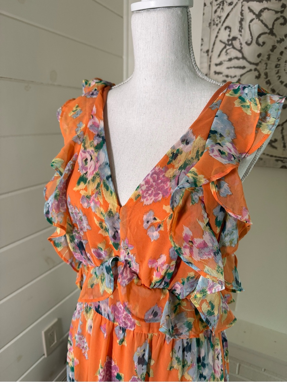 Lauren Conrad Orange Floral Ruffle Midi Dress L